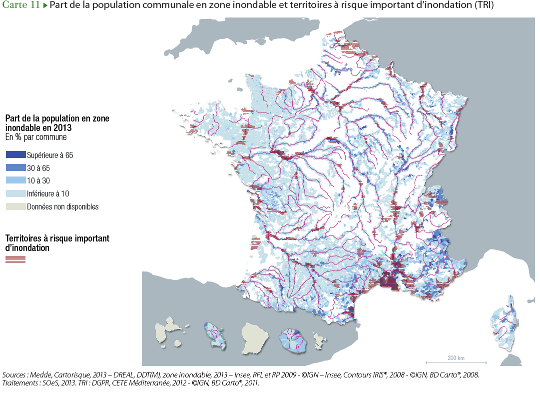 2014 - Environnement - Part de la population communale en zone inondable et territoires à risque d'inondation