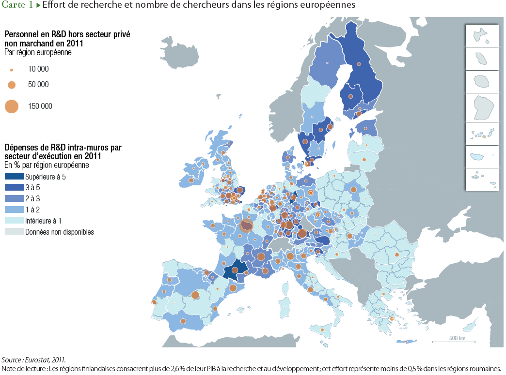 2014 - Innovation et territoires - Effort de recherche et nombre de chercheurs dans les régions européennes
