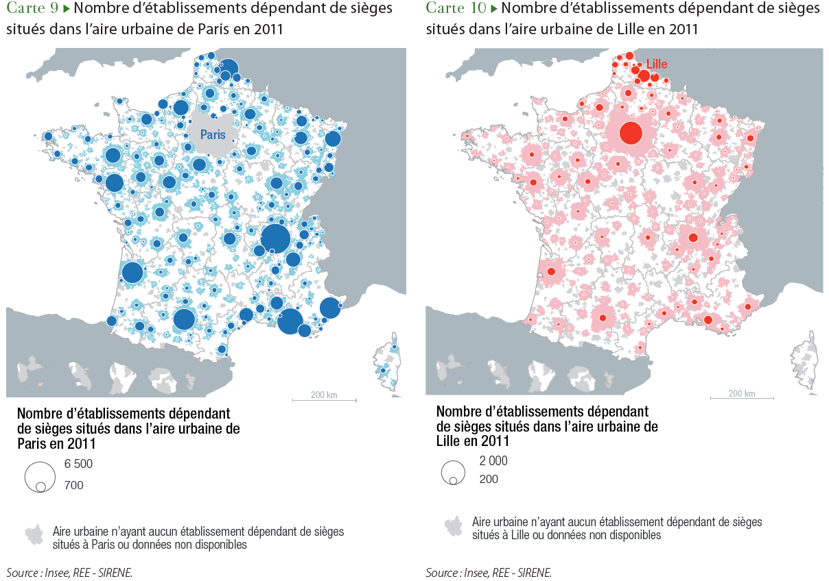 2014 - Interdependances Territoriales - Nombres d'établissements dépendant de sièges situés dans les aires urbaines de Paris et Lille en 2011 