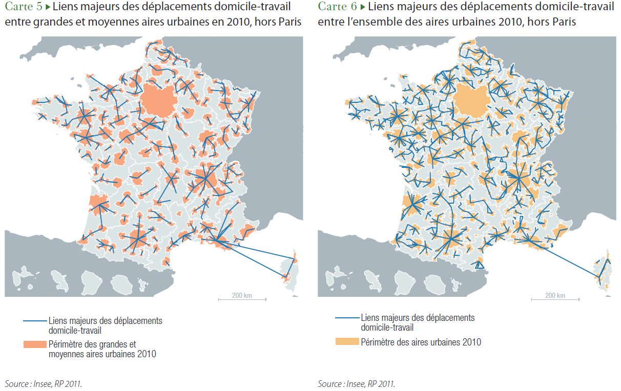 2014 - Interdependances Territoriales - Liens majeurs des déplacements domicile-travail entre aires urbaines en 2010, hors Paris