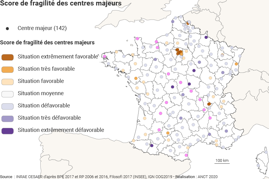2020 - Centralités - Score de fragilité des centres - Les centres majeurs
