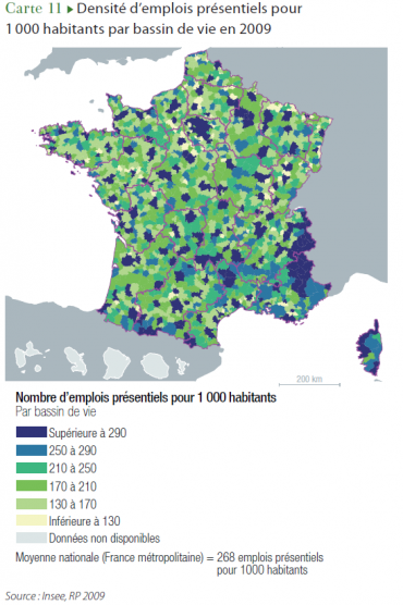 2014 - Interdependances Territoriales - Densité d'emlois présentiels pour 1000 habitants par bassin de vie en 2009